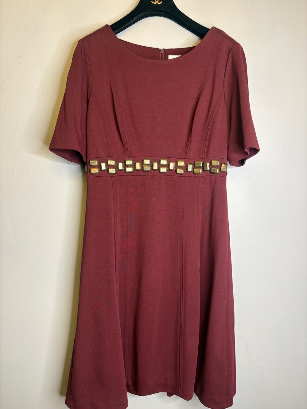 Badgley Mischka Mauve Purple Short Sleeve Crystal Waist Flare Midi Dress Size 8
